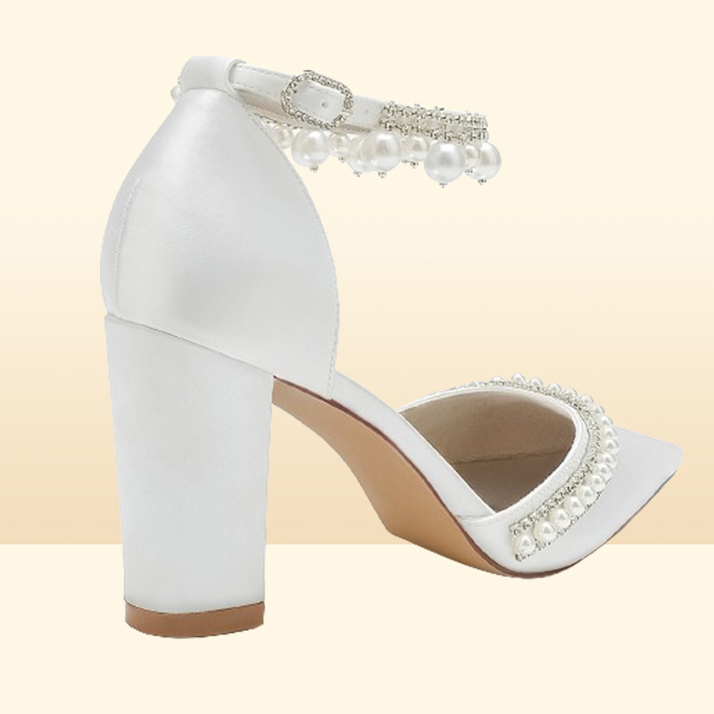 White Silk Satin Wedding Shoes Pointed Toe Elegant Pearls Sparkle Crystals Beaded Women Pumps Chunky High Heel Bridal Shoes CL0333