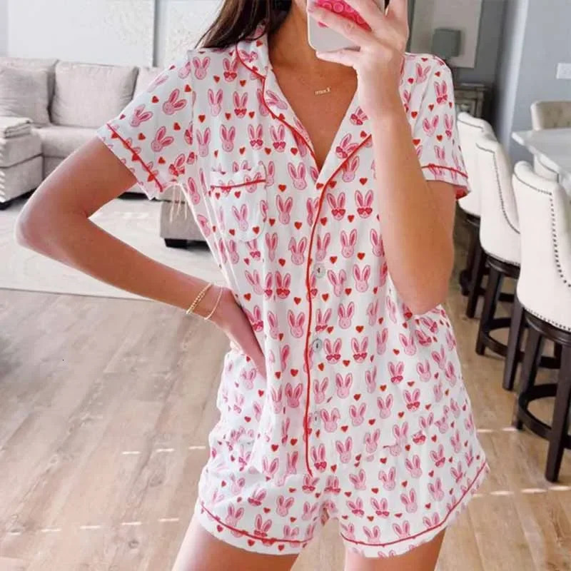 Easter Monkey Cartoon Pajamas Set Women y2k Clothes Single Breasted Short Sleeve Blouse Shirt Top Shorts 2 Piece Loungewear 240516