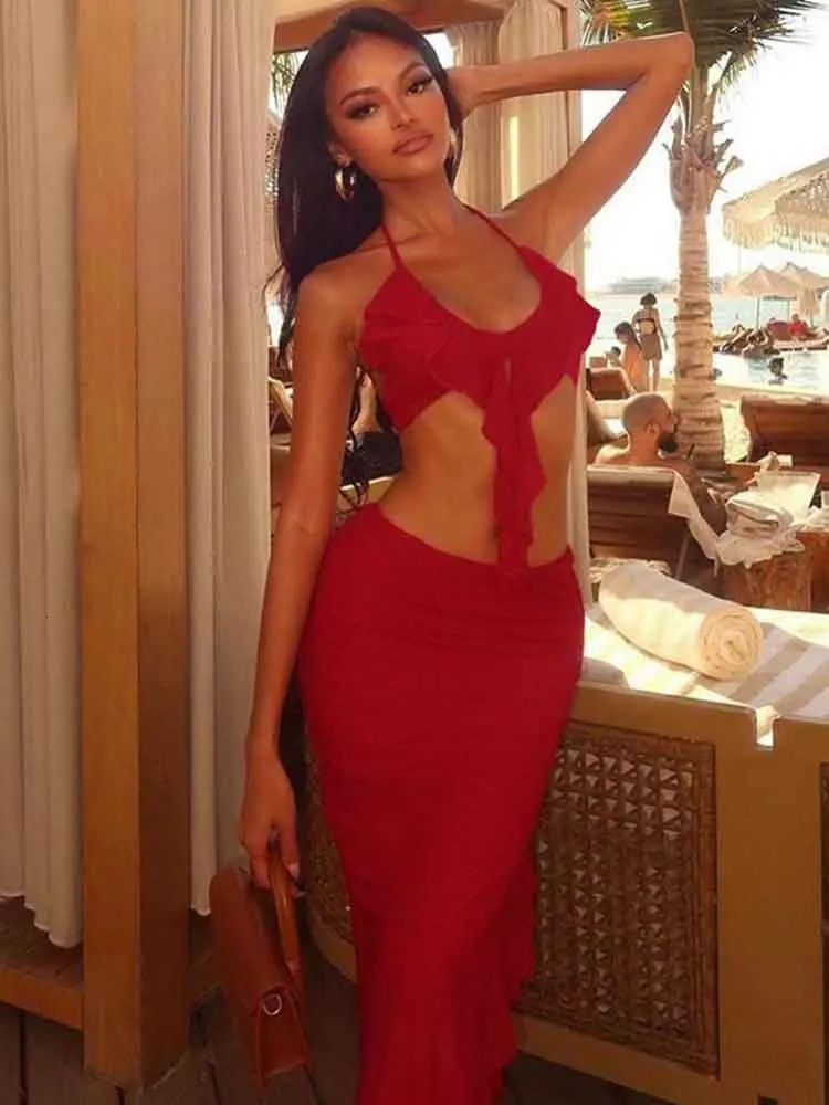 NIDANSSI Red Ruffle Backless Sexy Two Piece Set Hollow Out Top Long Skirt Women Elegant Evening Party 2 240430