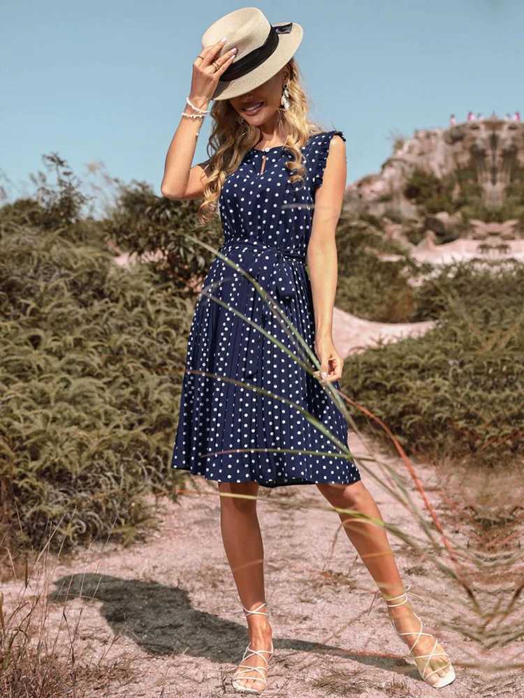 Basic Casual Dresses Summer Polka Dot Dress Women Sexy Bandage A-line Midi Beach Sundress Button Casual Blue Short Slve Pleated Party Dresses 2023 Y24