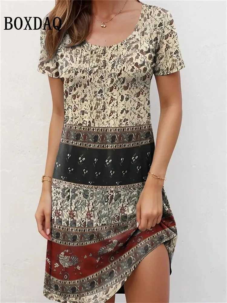 Basic Casual Dresses Ethnic Style Women Vintage Flower Print Dress Summer Pullover Short Slve Ladies Loose Plus Size Dress Casual Retro Dress 2024 Y24