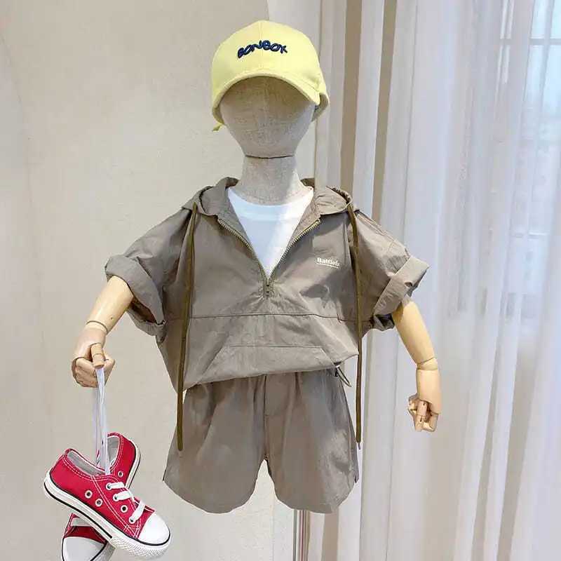 Clothing Sets Boys Summer Set 2023 New Short sleeved Korean Childrens Baby Comfortable Hooded Two piece Fashion Toddler Boys Clothing WX
