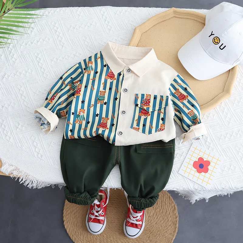 Clothing Sets New Spring Childrens Clothing Childrens Cotton Sports Full Print Striped Shirt and Pants 2 pieces/set Childrens and Boys Casual Set 1 2 