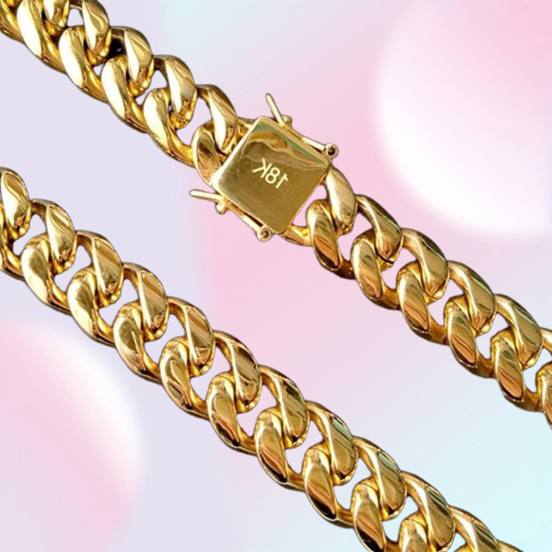 fine 18K Gold Plated chain jewelry Stainless Steel High Polished Miami Cuban Link Necklace Men Punk 15mm Curb Double Safety Clasp
