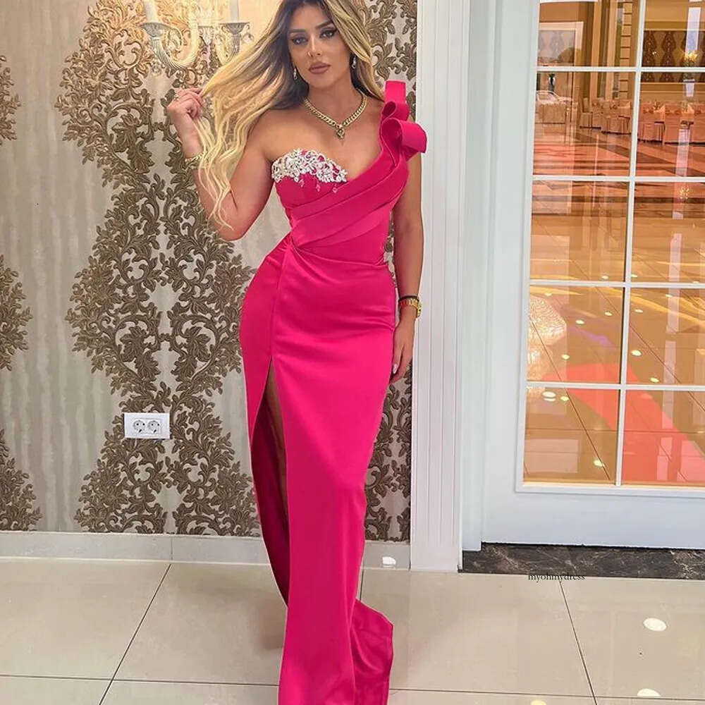 Fuchsia Long Bridesmaid Dresses One Shoulder Sheath Prom Gown Side Split Ruched Wedding Guest Dress 2023 0516