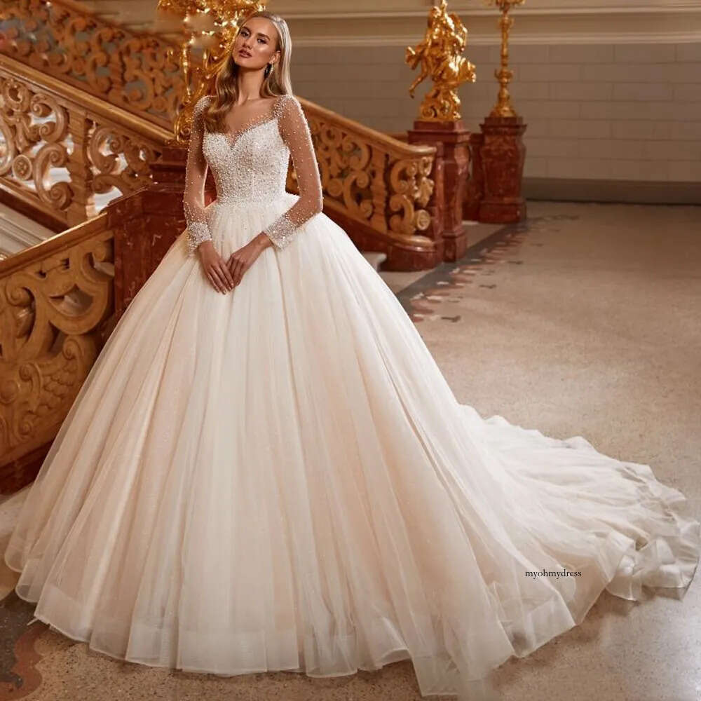 Beading Ball Gown Wedding Dress for Transparent Long Sleeve vestidos de mariage Tulle Princess Bridal Dresses 0516