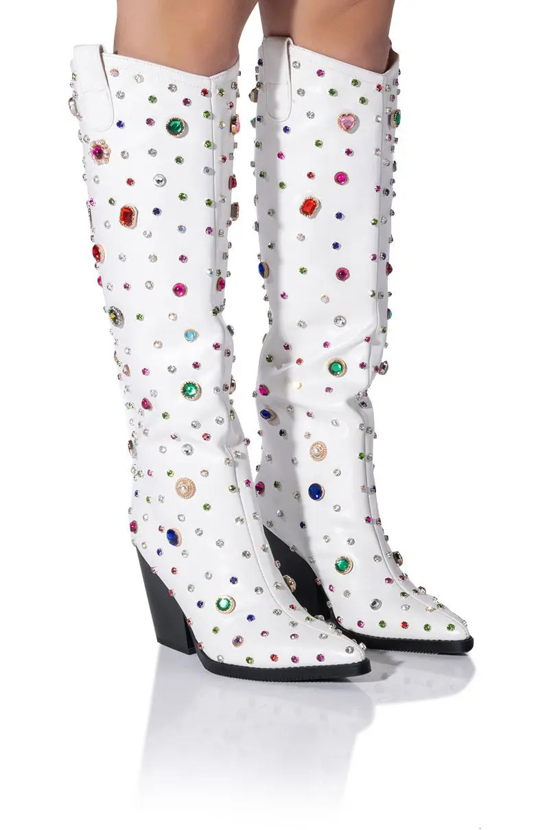 Lanjia Womens Dia High Heels Boots Cowgirl Pointed Toe Knee High Colorful Gem Long Lady Fashion White Boots Dh Ffa De