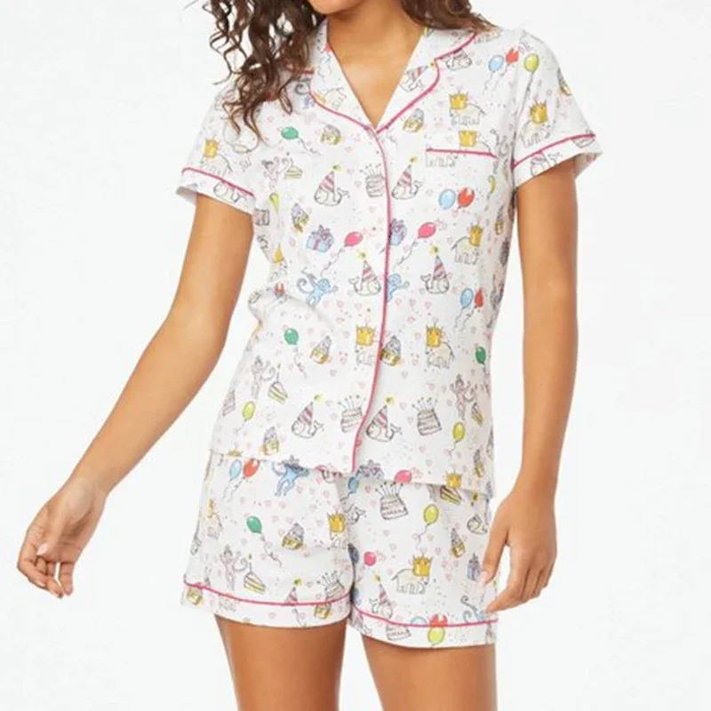 Easter Monkey Cartoon Pajamas Set Women y2k Clothes Single Breasted Short Sleeve Blouse Shirt Top Shorts 2 Piece Loungewear 240516