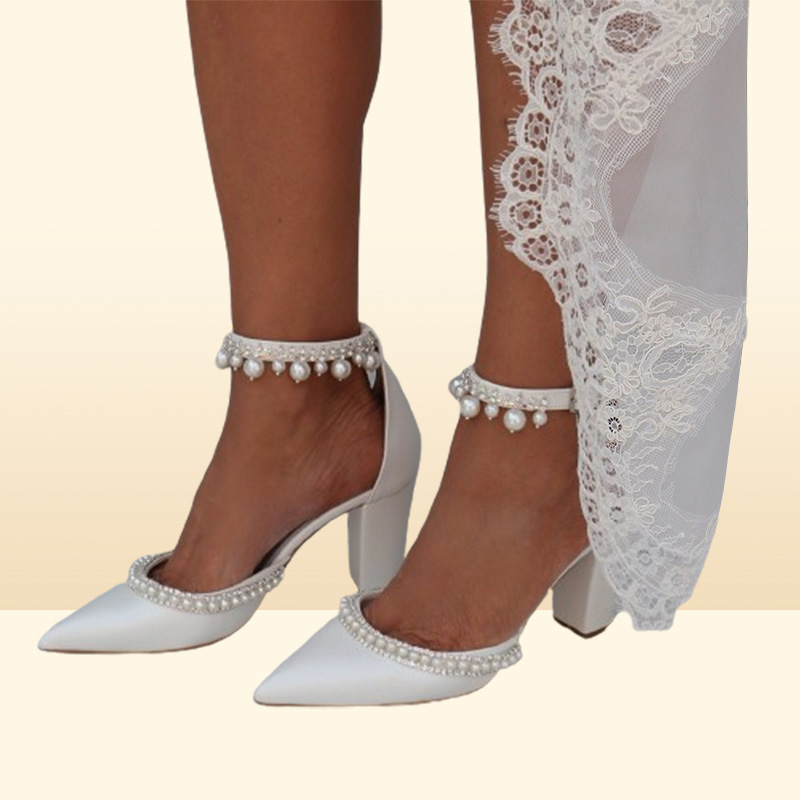 White Silk Satin Wedding Shoes Pointed Toe Elegant Pearls Sparkle Crystals Beaded Women Pumps Chunky High Heel Bridal Shoes CL0333