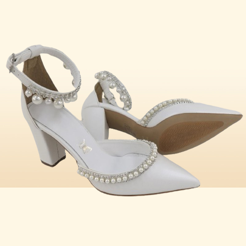 White Silk Satin Wedding Shoes Pointed Toe Elegant Pearls Sparkle Crystals Beaded Women Pumps Chunky High Heel Bridal Shoes CL0333