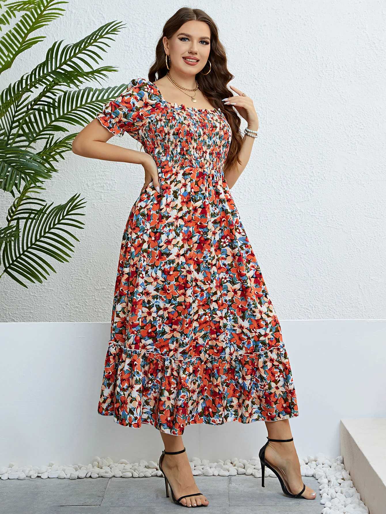Basic Casual Dresses Plus Size Women Clothing Puff Slve Floral Maxi Dress Square Collar a Line Cotton Robe Summer 2024 Boho Midi Elegant Dresses Y2405