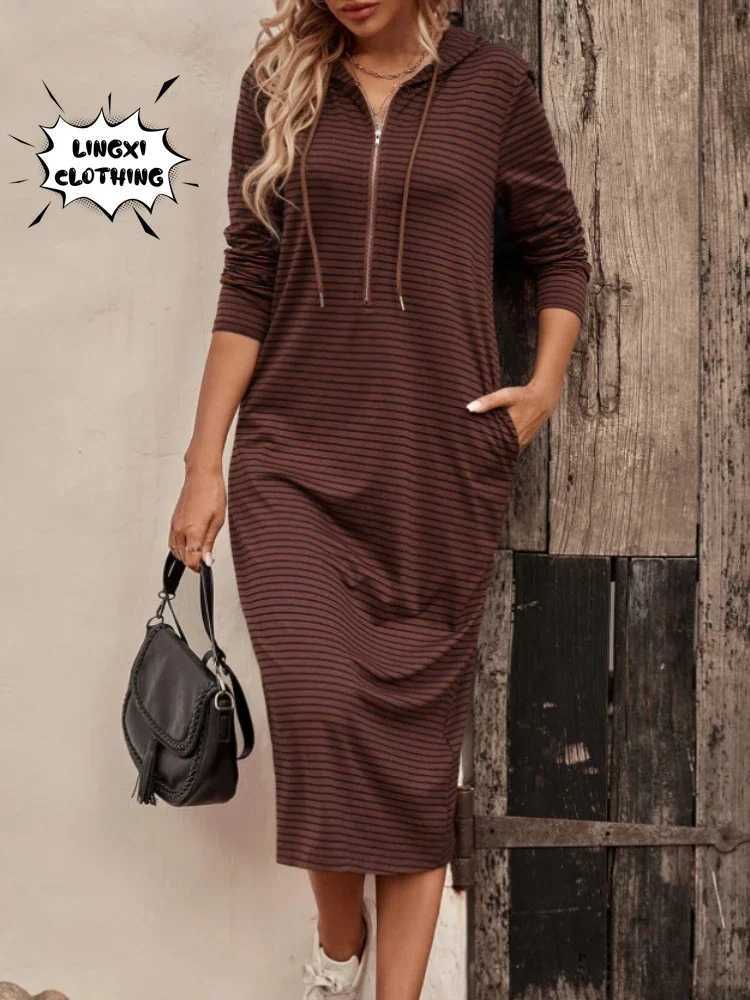 Basic Casual Dresses Winter New Womens Hooded Long Casual Sweater Long Dress Commuter Style Home Elastic Pocket Long Striped Sweater Y240515