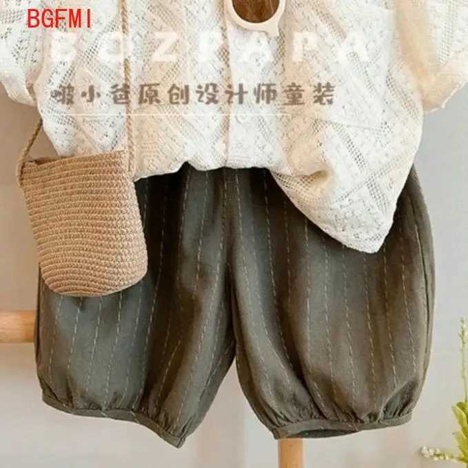 Clothing Sets Boys Summer Set 2024 Fashion New Korean Cut Almond Shirt and 7-inch Pants Childrens Loose Casual 2-piece Set Birthday Gift WX