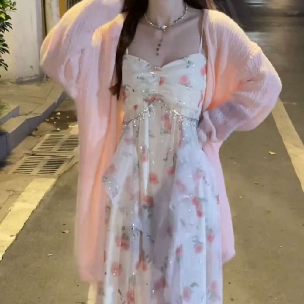 Sweet And Gentle Wind Pink Fragmented Flower And Lotus Leaf Edge Shining Fairy Sling Dress Womens Knitted Cardigan Set Spring Summer