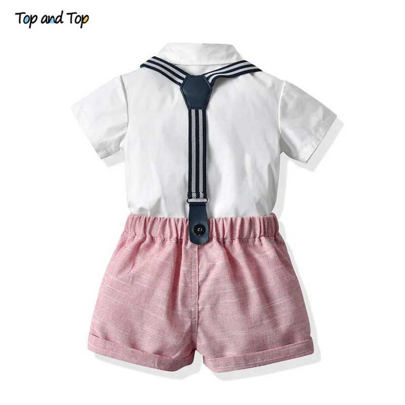 Clothing Sets Top and Top Summer Childrens Baby Boys Formal Set Short sleeved Shirt+Suspended Pants Casual Clothing Set Gentleman Set 2PCS WX