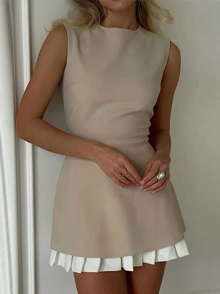 Basic Casual Dresses Patchwork Ruffles Womens Dress O-neck Slveless Slim A-line Office Lady Fashion Summer Dresses 2024 Casual Elegant Short Robe Y240
