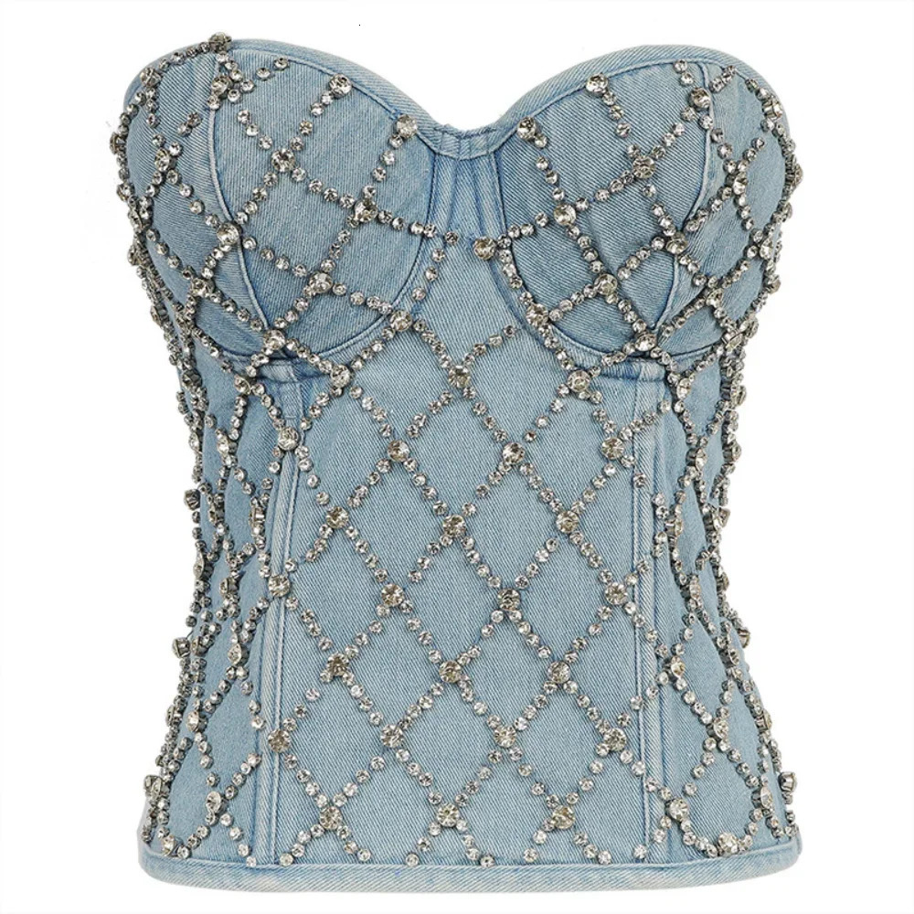 Women Denim Tube Top Corset Crop Diamond Beaded Strapless Vest Lace Up Zipper Bustier Bra Night Club Party Tank Female 240516