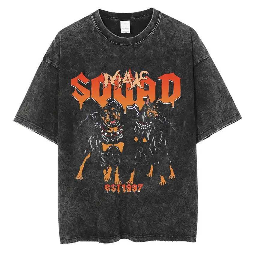 Men's T-Shirts Men Washed Vintage Short Slve T Shirts Hip Hop Rottweiler Doberman Graphic T-shirt Mens Cotton Oversized T shirt Strtwear T240515