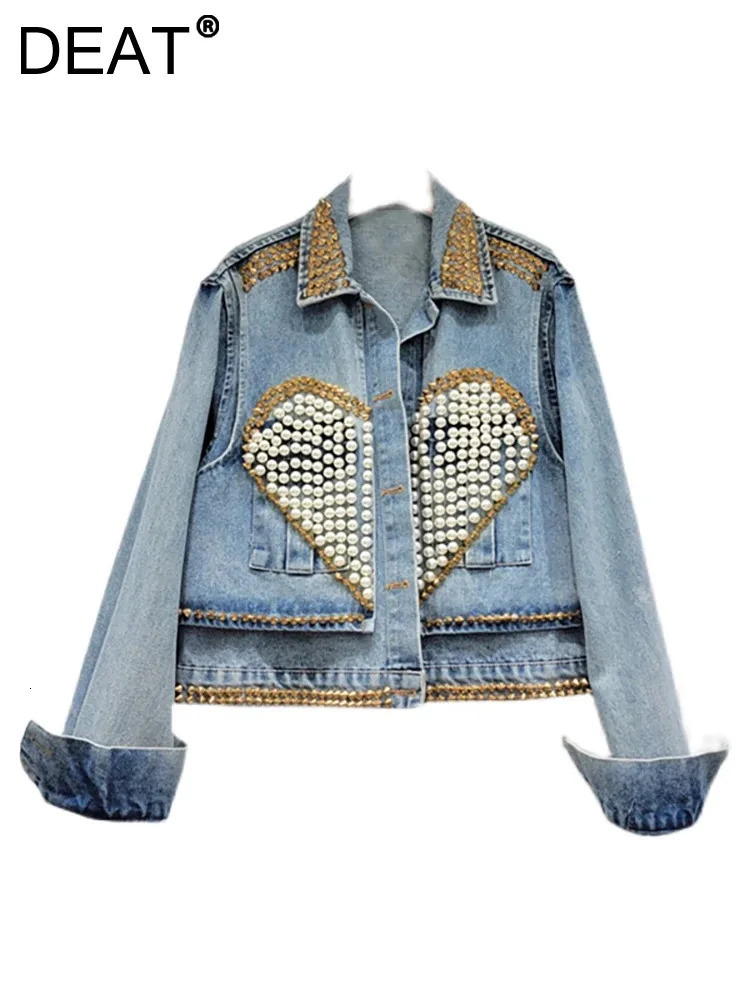 DEAT Womens Denim Coat Heart Beading Pearls Gold Rivets Loose Light Blue Long Sleeve Jackets 2024 Summer Fashion 29L2503 240515