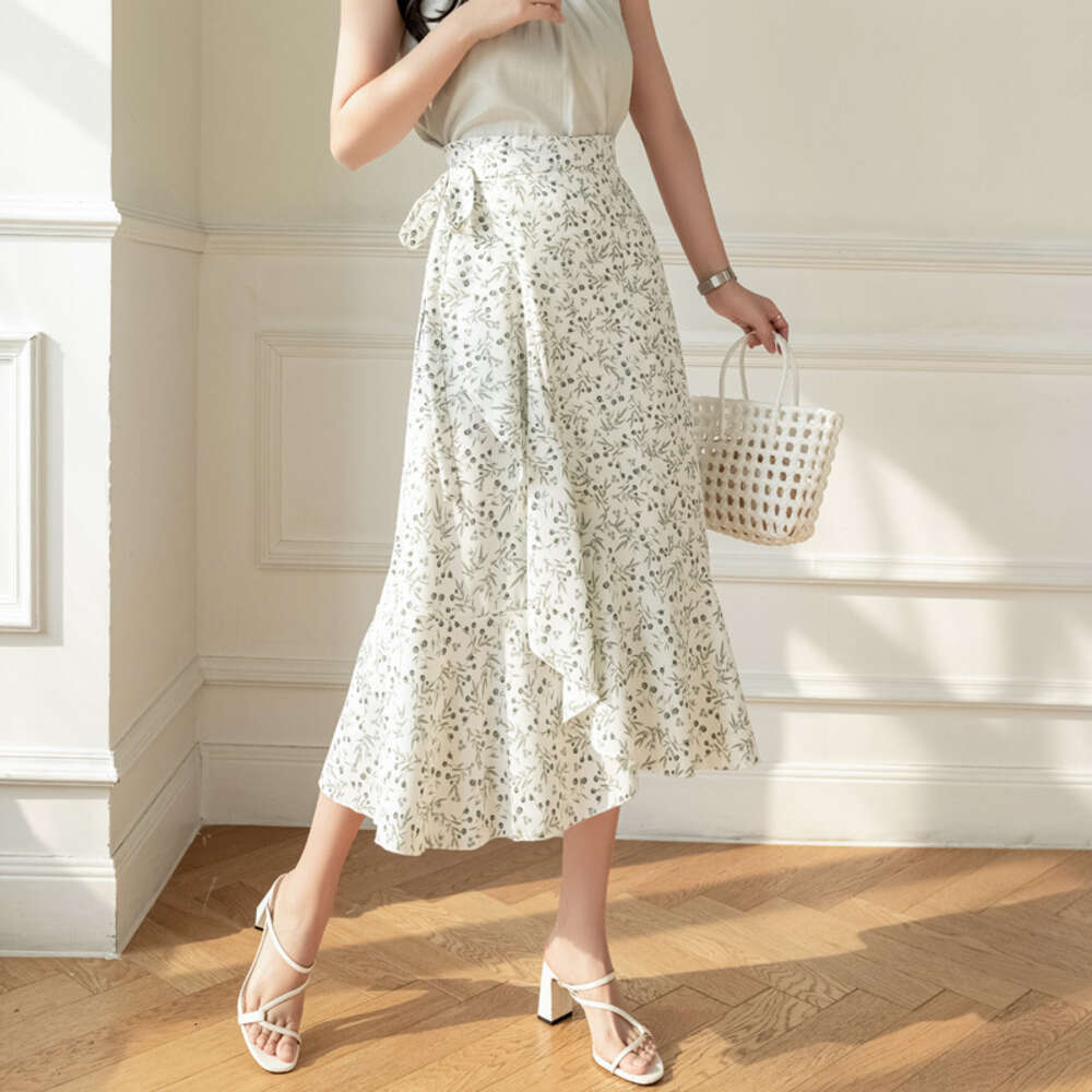 One Piece Chiffon Skirt For Womens Summer New Style With Tie Up Buttocks Wrapped Ruffled Edge Wrapped Skirt High Waisted A-line Floral Skirt
