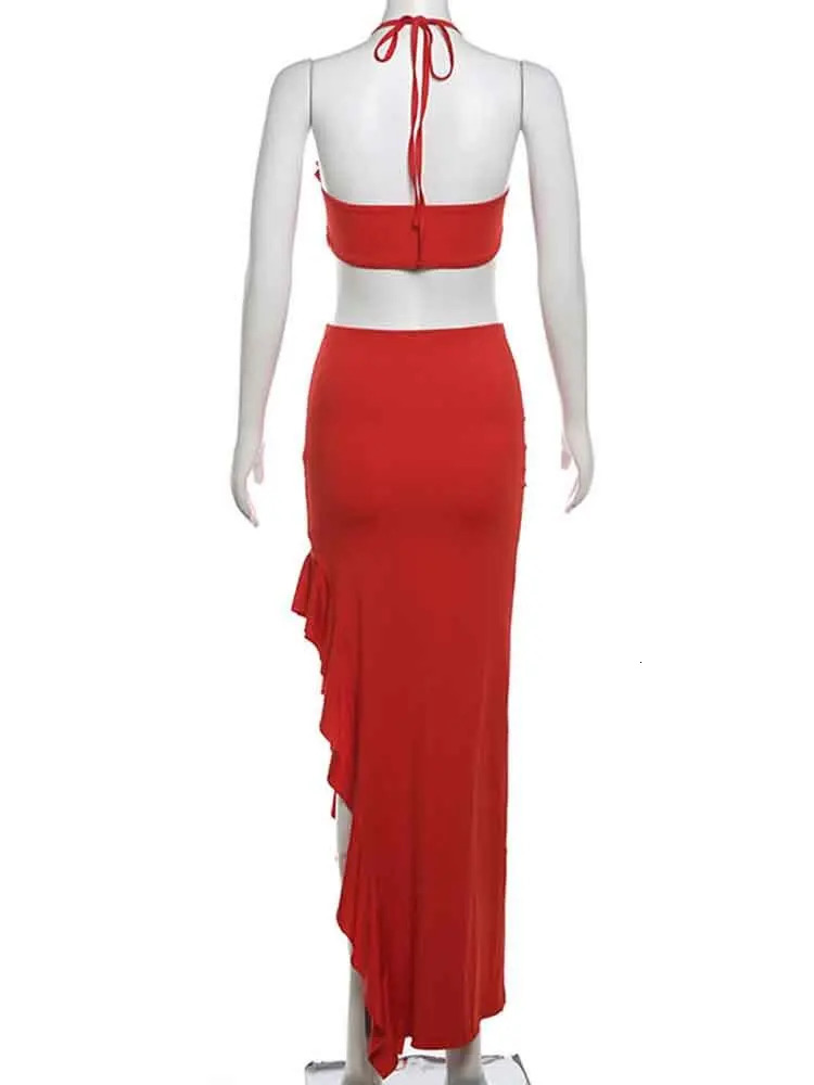 NIDANSSI Red Ruffle Backless Sexy Two Piece Set Hollow Out Top Long Skirt Women Elegant Evening Party 2 240430