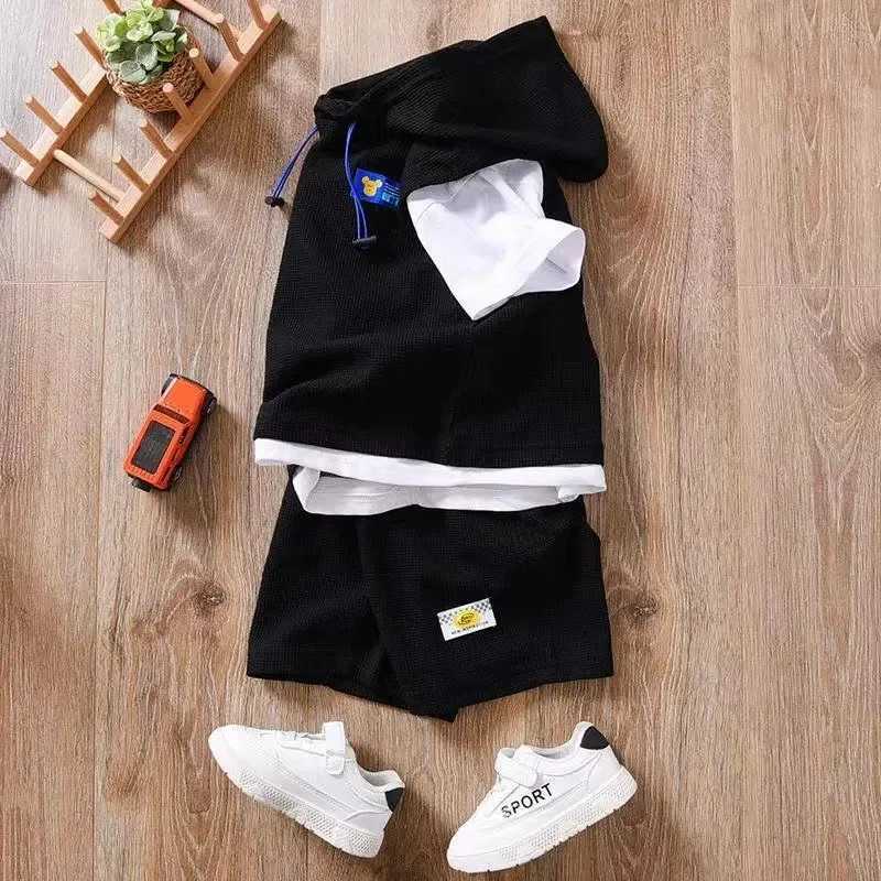 Clothing Sets Summer boys clothing set hooded T-shirt and shorts set childrens waffle patch work clothes top bottom 2-piece set track and field clothi