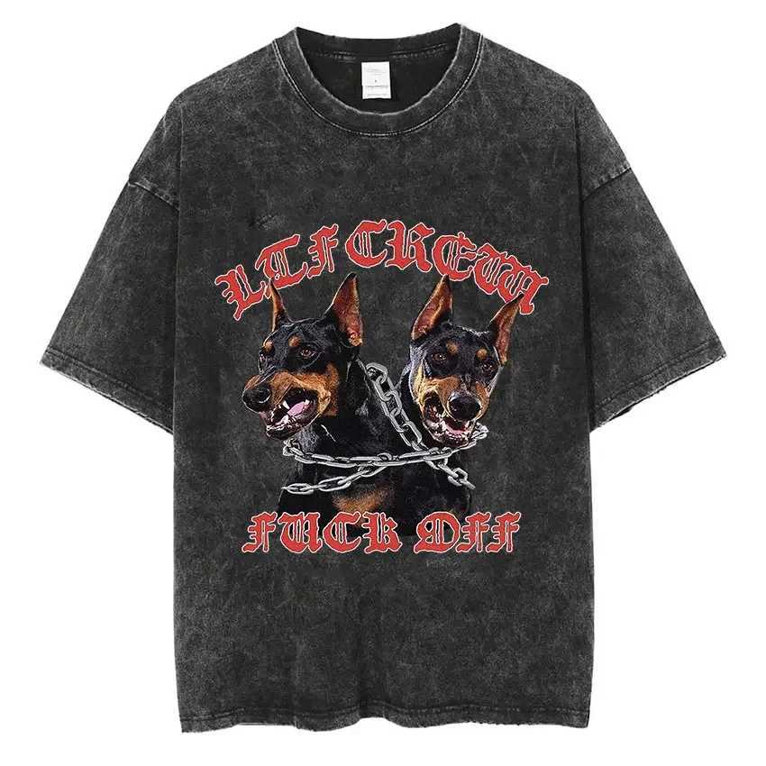 Men's T-Shirts Men Washed Vintage Short Slve T Shirts Hip Hop Rottweiler Doberman Graphic T-shirt Mens Cotton Oversized T shirt Strtwear T240515