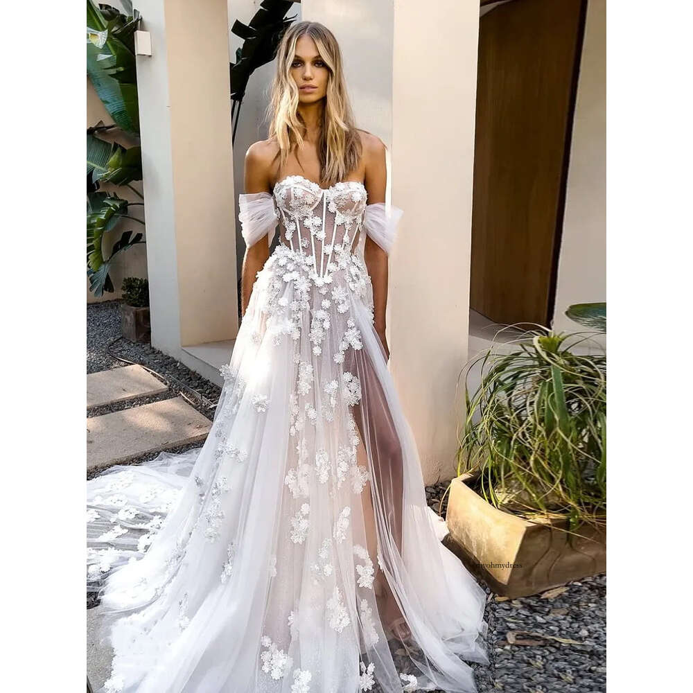 Romantic Off the Shoulder Boho Dresses 3D-Floral Appliques Side Split Bridal Gown Sheer Corset Bodice Summer Wedding Gowns 0516