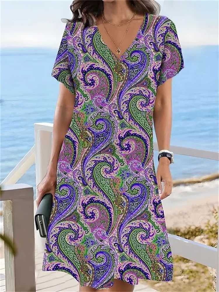 Basic Casual Dresses 2023 New Summer Vintage Dresses For Women Clothing Casual Loose V-Neck Flower Print Dress Pullovers Short Slve Oversized Dress Y2