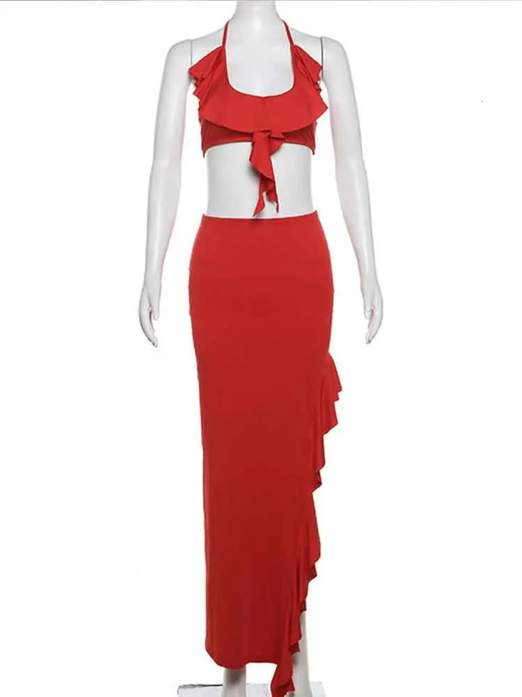 NIDANSSI Red Ruffle Backless Sexy Two Piece Set Hollow Out Top Long Skirt Women Elegant Evening Party 2 240430