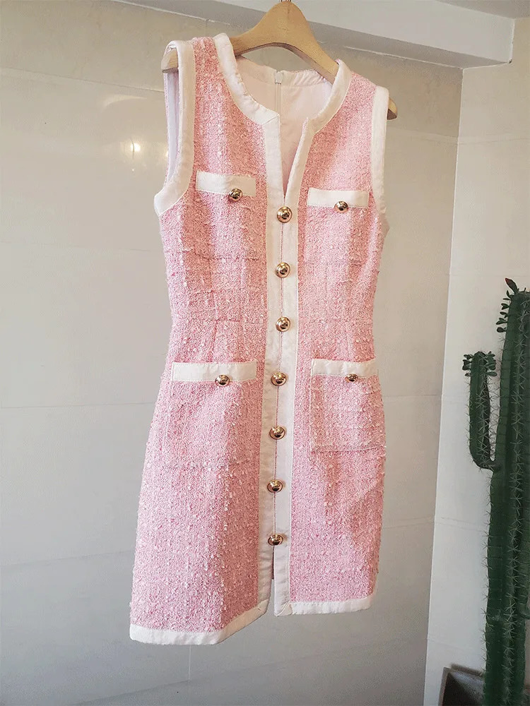 French little perfume sweet girl pink tweed dress womens sleeveless V-neck four pocket zipper gold button vest 240515