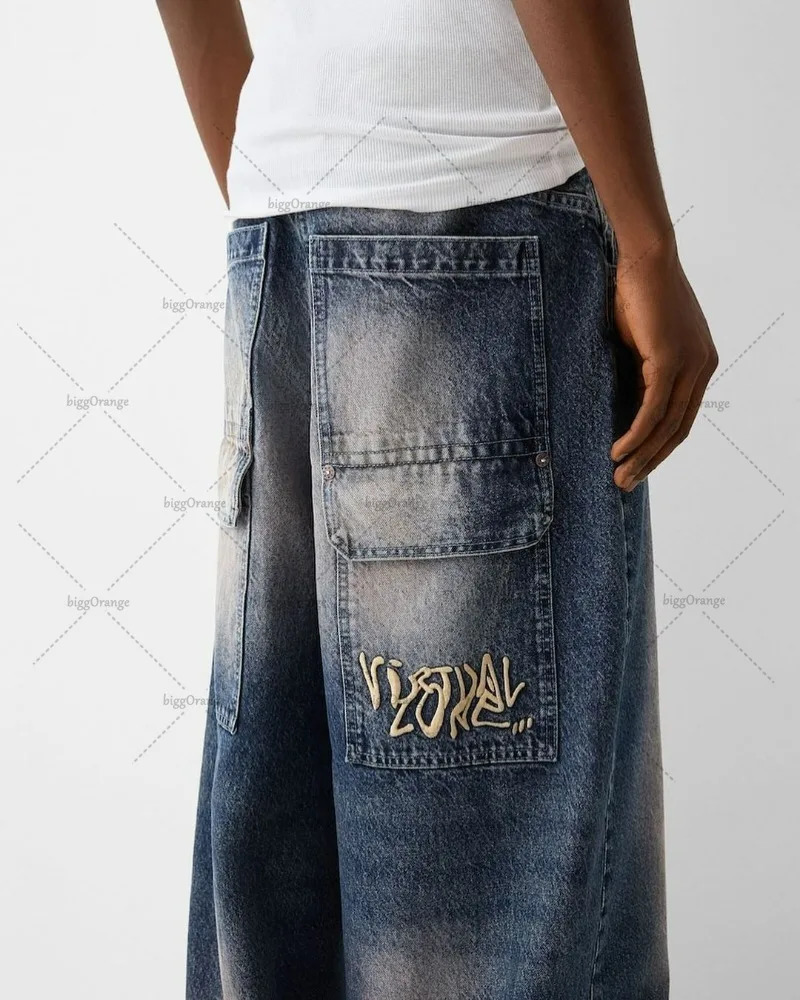 Y2k Trendy High Street Large Pocket Straight Trousers Men American Print Oversized Jeans Harajuku Casual Wide Leg Pants Women 240511