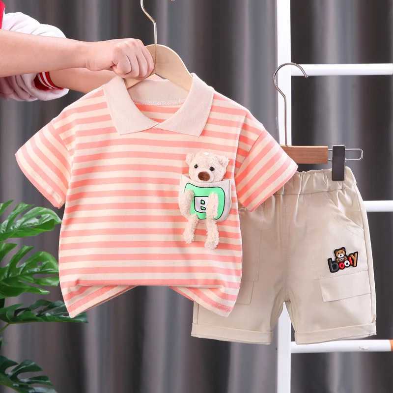 Clothing Sets Fashionable summer childrens baby boy striped set short sleeved T-shirt and doll+shorts casual clothing girl clothing 2PCS/set WX