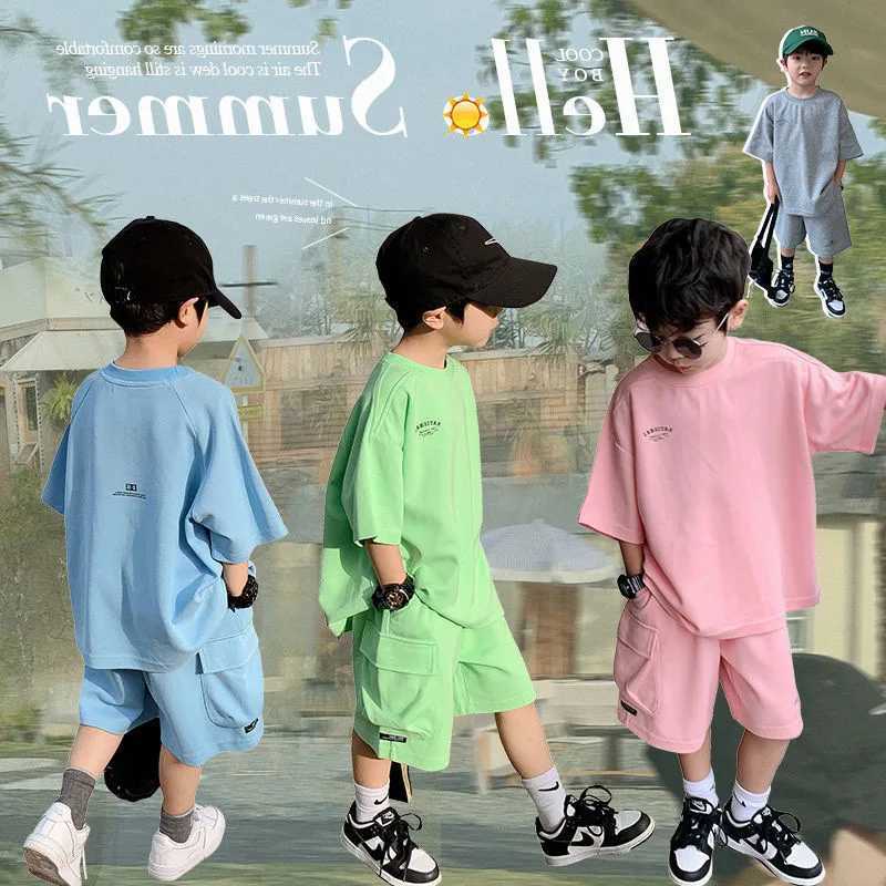 Clothing Sets Summer casual boy cotton loose letter T-shirt top+shorts set school childrens track and field clothing 2-piece clothing set for 2-14 yea