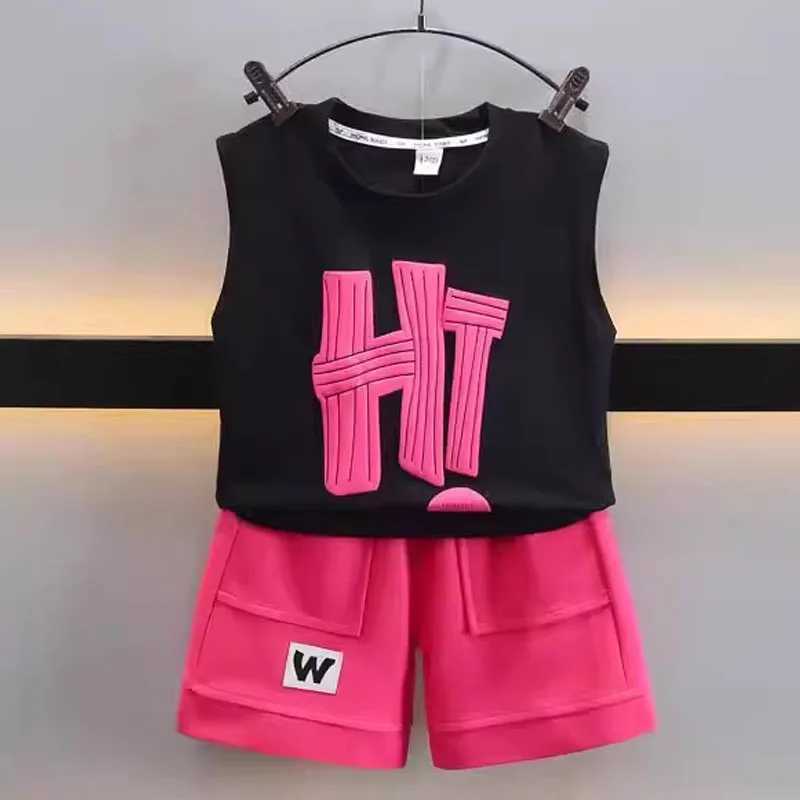 Clothing Sets 2-10Y childrens and boys sportswear summer vest+shorts 2PCS set Hi Letter green childrens track and field clothing childrens set baby A1