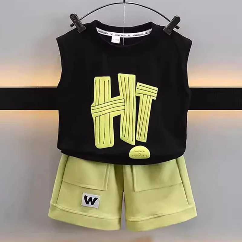 Clothing Sets 2-10Y childrens and boys sportswear summer vest+shorts 2PCS set Hi Letter green childrens track and field clothing childrens set baby A1