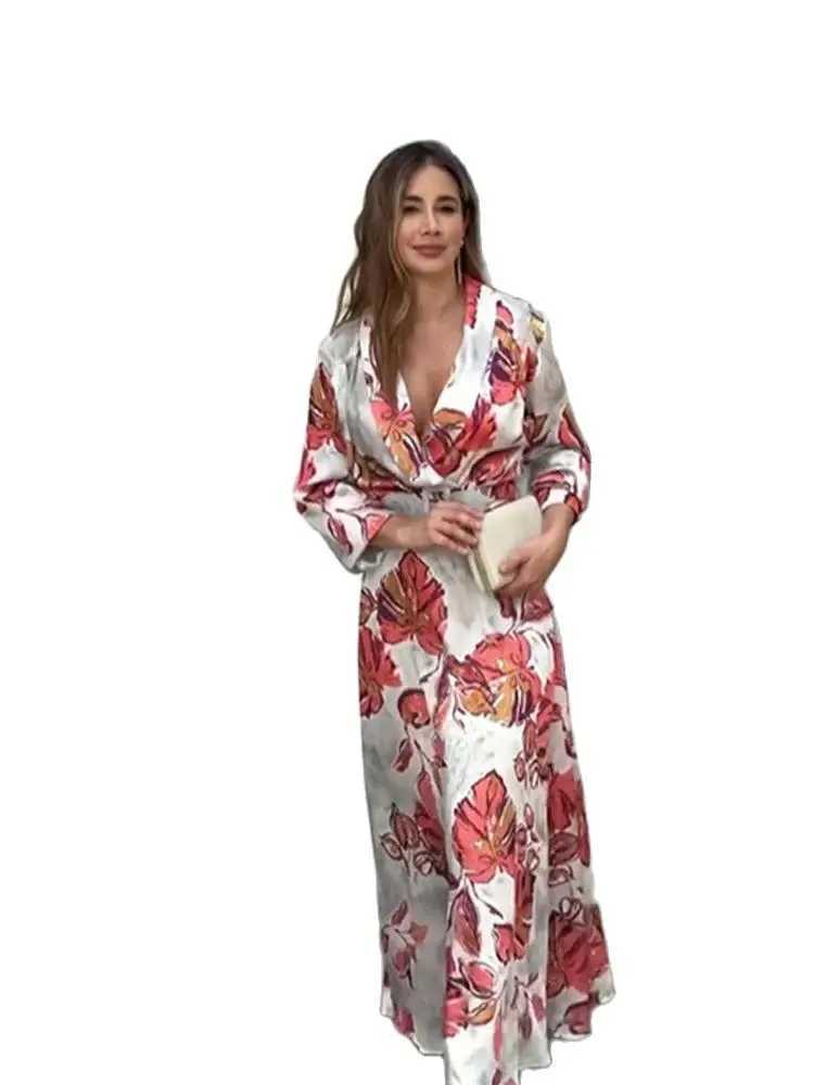 Basic Casual Dresses Women Print Dp V-neck Loose Long Dresses 2024 Female Fashion Spring Summer Full Slves Belt Big Swing Beach Party Lady Robe Y24051