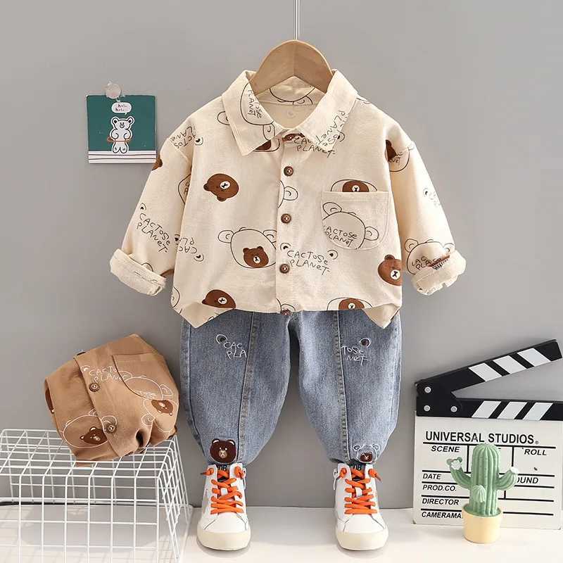 Clothing Sets Spring and Autumn Boys Clothing Set Fully Printed Bear Shirt+Jeans 2PCS Set Childrens Birthday Gift Set WX