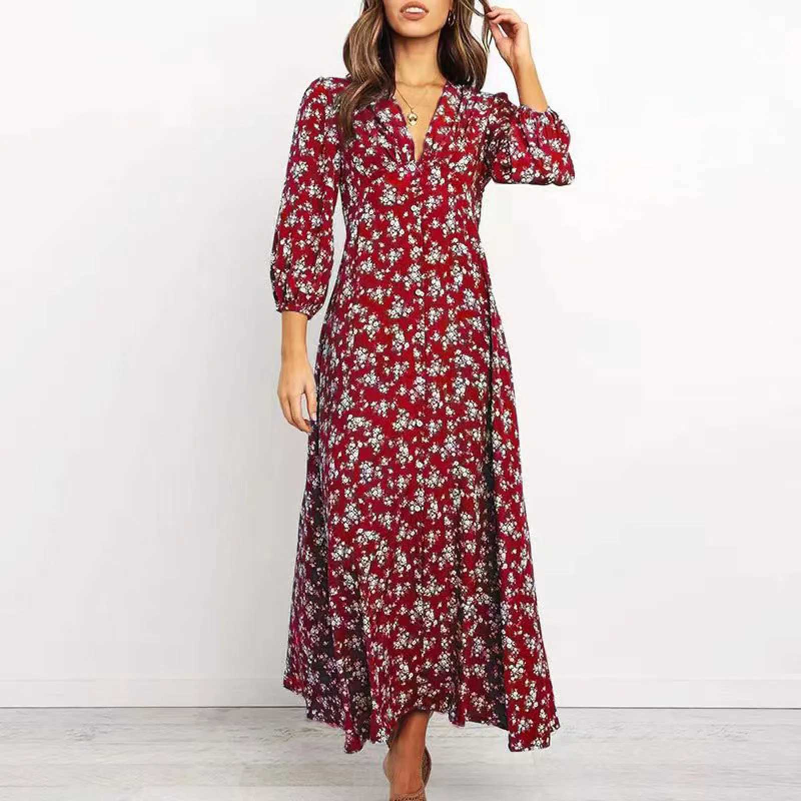 Basic Casual Dresses Womens Summer Dresses Elegant Floral Print Trendy Party Dress Sexy V Neck Long Slve Boho Slim Fit Maxi Beach Dress Y240515