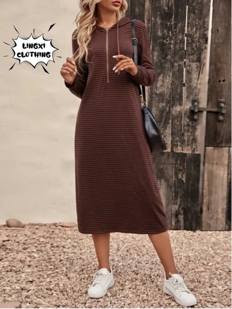 Basic Casual Dresses Winter New Womens Hooded Long Casual Sweater Long Dress Commuter Style Home Elastic Pocket Long Striped Sweater Y240515