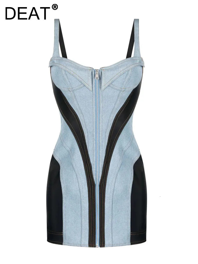 DEAT Women Denim Dress Sleeveless High Waist Patchwork Zipper Contrast Color Slim Strap Dresses 2024 Summer Fashion 29L2908 240515