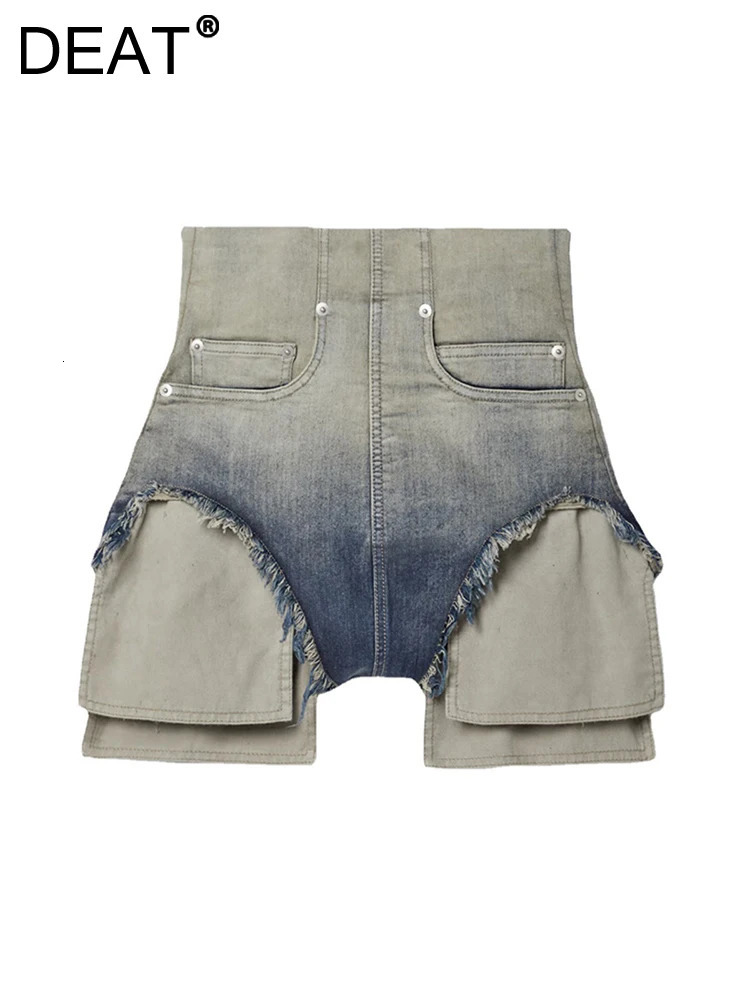 DEAT Womens Denim Shorts Patchwork Pocket High Waist Gradient Burr Edge Back Zipper Short Jeans 2024 Summer Fashion 17A6662 240515