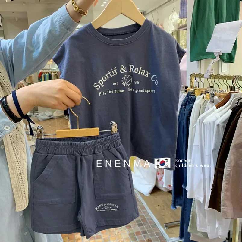 Clothing Sets 100% Cotton 1-7 Year Old Boys Korean Loose Short Sleeves+Shorts 2 Pieces Summer New Sweat-absorbing and Breathable Childrens Set WX