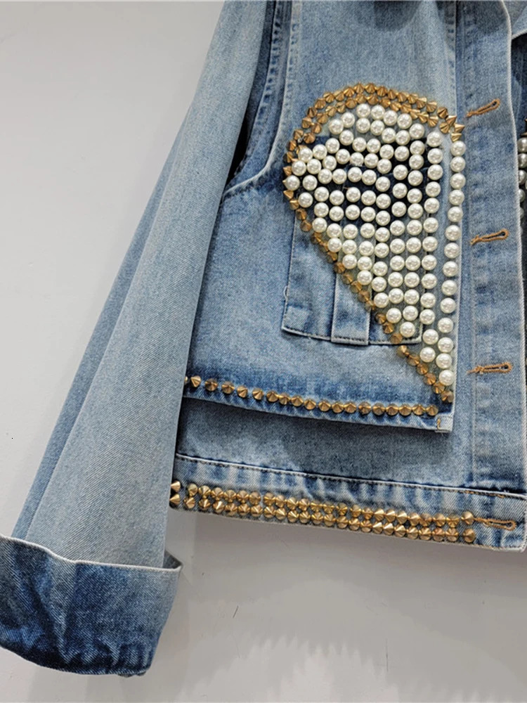 DEAT Womens Denim Coat Heart Beading Pearls Gold Rivets Loose Light Blue Long Sleeve Jackets 2024 Summer Fashion 29L2503 240515