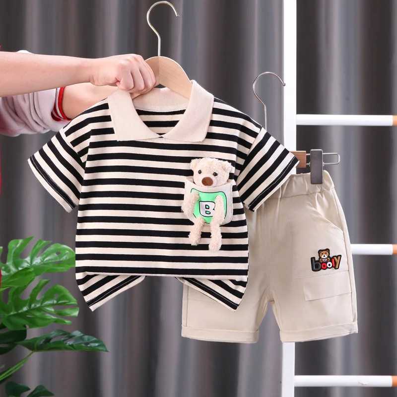 Clothing Sets Fashionable summer childrens baby boy striped set short sleeved T-shirt and doll+shorts casual clothing girl clothing 2PCS/set WX