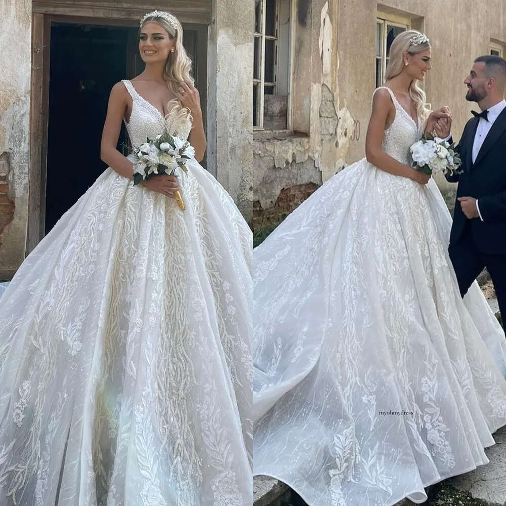 Lace Ball Gown Dresses Straps V Neck Beads Pearls Wedding Dress Sweep Train Bridal Gowns 0516