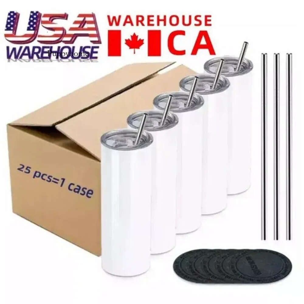 US CA Warehouse 25Pcs/Carton 20Oz Sublimation Tumblers Straight Blan White 304 Stainless Steel Vacuum Insulated Slim DIY Cup Car Coffee Mugs Party Gif
