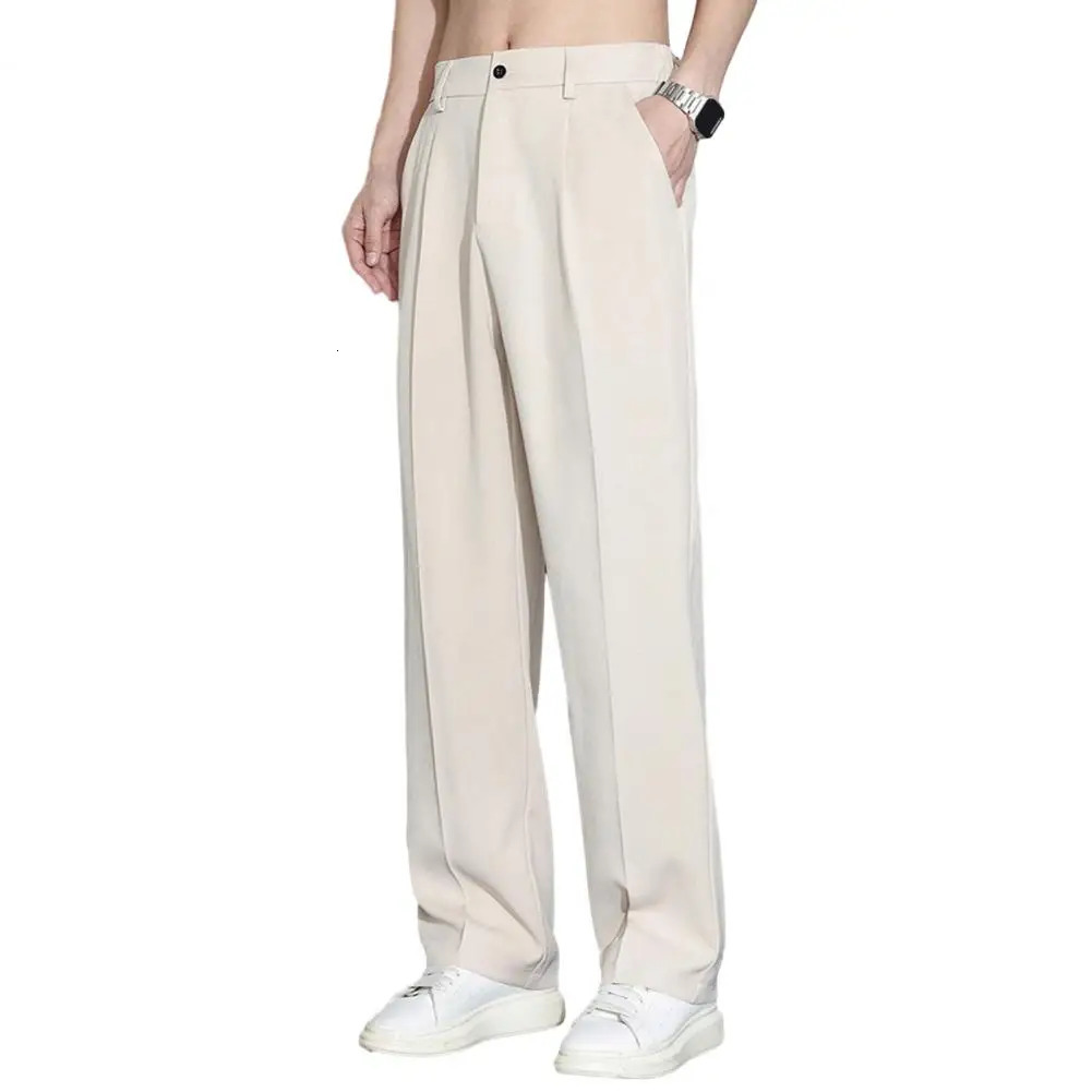 Men Pants Ice Silk Casual Long Pants Elastic Waist Buttons Fly Pockets Trousers Straight Wide Leg Draped Business Pants 240511