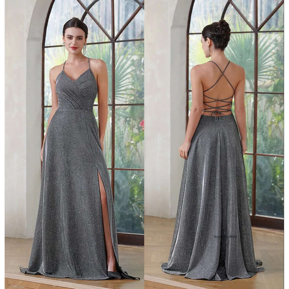 Sparkle Grey Mermaid Bridesmaid Dresses Elegant Sleeveless Pleats Front Split Maid Of Honor Gowns Satin Evening Prom Dress Bm3218 0516