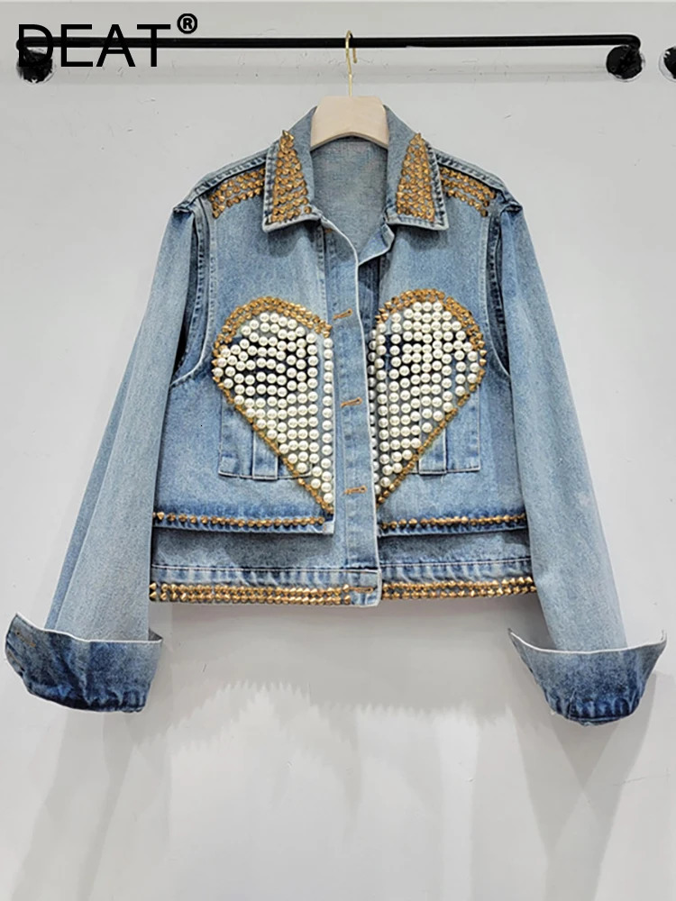DEAT Womens Denim Coat Heart Beading Pearls Gold Rivets Loose Light Blue Long Sleeve Jackets 2024 Summer Fashion 29L2503 240515